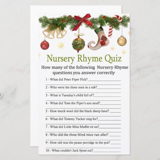 baby shower kerst met Nursery Rhyme Quiz (Voorkant / Achterkant)