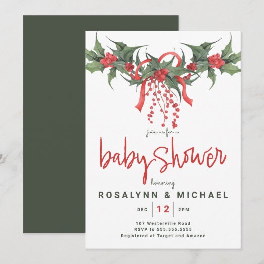 BABY SHOWER | Kerstfeestdag Holly Floral Invit Kaart (Voorkant / Achterkant)