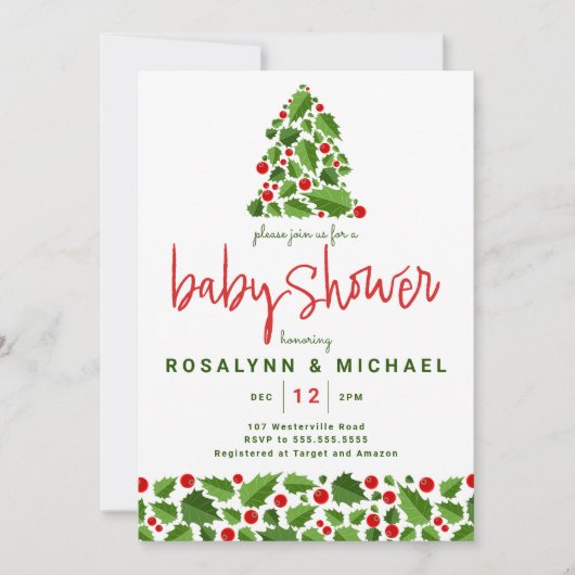 BABY SHOWER | Kerstfeestdag Holly Floral Kaart (Voorkant)