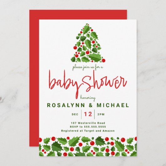 BABY SHOWER | Kerstfeestdag Holly Floral Kaart (Voorkant / Achterkant)