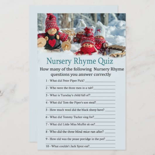 baby shower kerstgnome Nursery Rhyme Quiz (Voorkant / Achterkant)