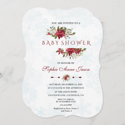 Baby shower kerstmis Poinsettia Snowflakes Kaart (Voorkant / Achterkant)