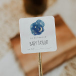 Baby shower keukenbord vierkante sticker<br><div class="desc">Deze baby shower bladwijzer stickers zijn perfect voor een simpel geschenk voor een baby shower boek. Het moderne grillige ontwerp is voorzien van een blauwachtige wolkenvorm met een gele kwart maan en sterren.</div>