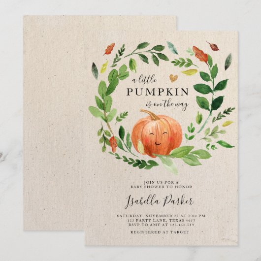 Baby Shower Kleine Pompoen Herfst Landelijke Groen Kaart (Voorkant / Achterkant)