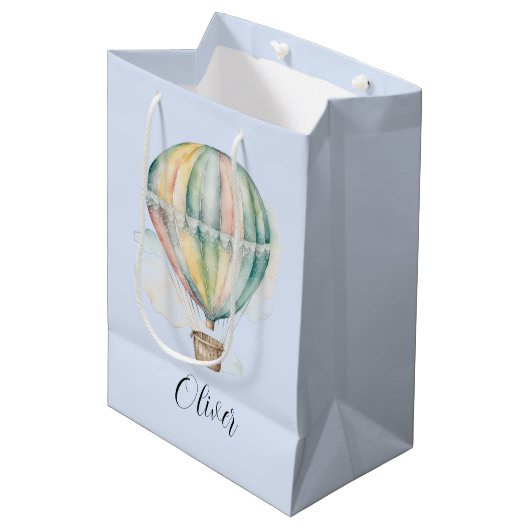 Baby shower, kleurrijke waterverf heteluchtballon medium cadeauzakje (Voorkant Gekanteld)