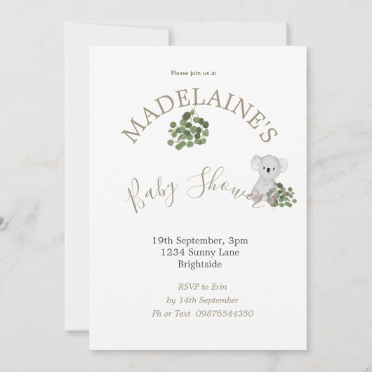 Baby shower Koala Floral Green Kaart (Achterkant)