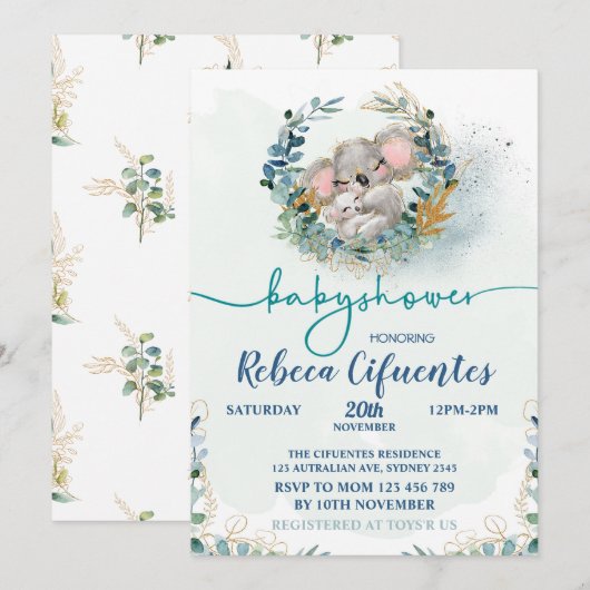 Baby Shower Koala Invitation Kaart (Voorkant / Achterkant)