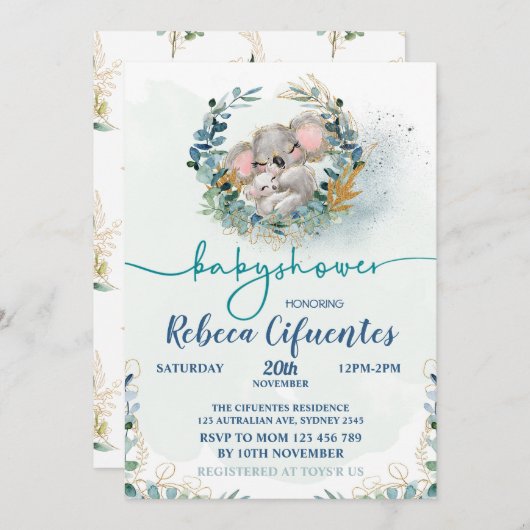 Baby Shower Koala Invitation Kaart (Voorkant / Achterkant)