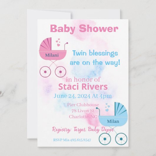 Baby shower koets meisje jongen tweeling kaart (Voorkant)
