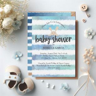 Baby Shower Konijn Blauw Wit Waterverf Streep Kaart