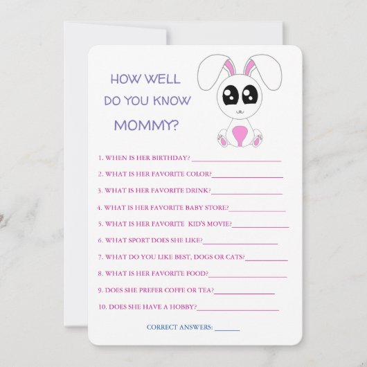 Baby shower Konijn, hoe goed ken je mam Kaart (Voorkant)