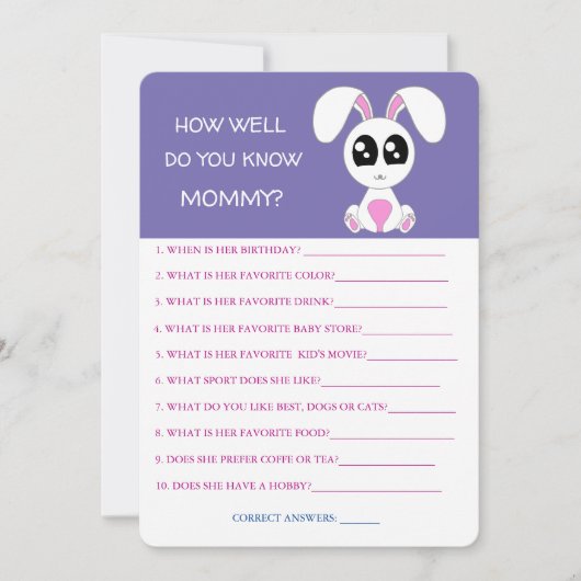 Baby shower Konijn, hoe goed ken je mam Kaart (Voorkant)