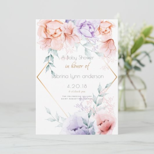 Baby Shower | Koraal en Lila Aquarelle Floral Kaart (Staand voorkant)