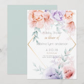 Baby Shower | Koraal en Lila Aquarelle Floral Kaart (Voorkant / Achterkant)
