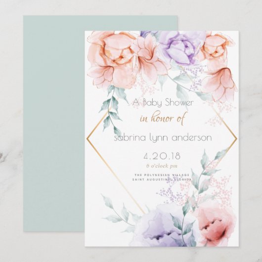 Baby Shower | Koraal en Lila Aquarelle Floral Kaart (Voorkant / Achterkant)