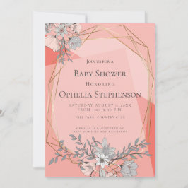BABY SHOWER koraal Floral Geometric Gold Lijst Kaart