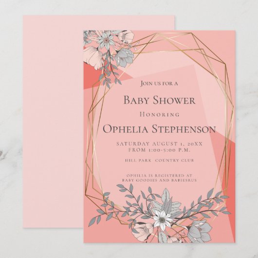 BABY SHOWER koraal Floral Geometric Gold Lijst Kaart (Voorkant / Achterkant)