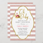 Baby shower kroongoud & roze moderne strips kaart (Voorkant / Achterkant)