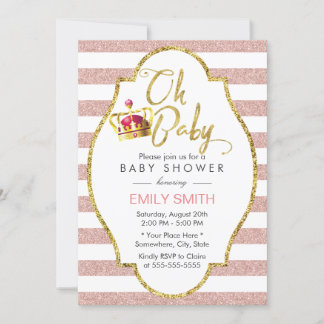 Baby shower kroongoud & roze moderne strips kaart