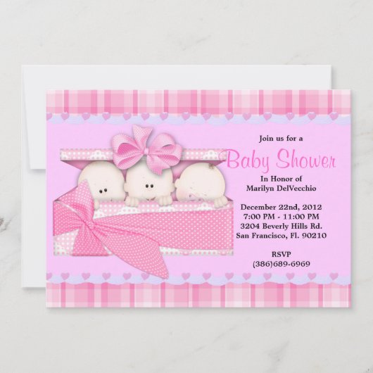 BABY SHOWER KUSTSweet PINK Triplets Kaart (Voorkant)