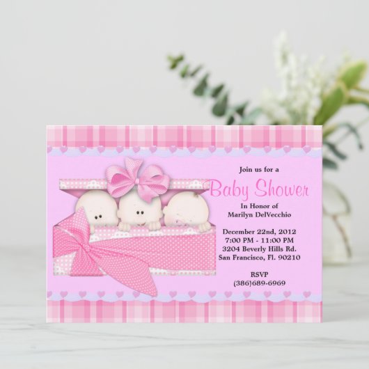 BABY SHOWER KUSTSweet PINK Triplets Kaart (Staand voorkant)