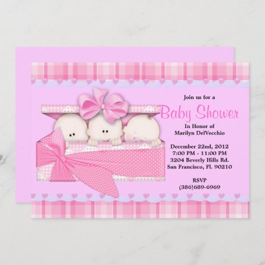 BABY SHOWER KUSTSweet PINK Triplets Kaart (Voorkant / Achterkant)