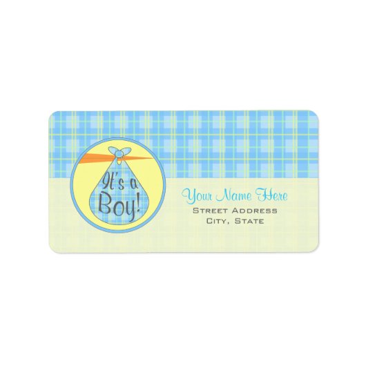 Baby shower Label - Blauw geruite ooievaar - Het i (Voorkant)