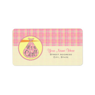 Baby shower Label - Roze geruite ooievaar - Het is
