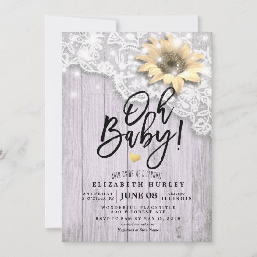 Baby shower Lace Sunflower Barn Wood String Lights Kaart (Voorkant)