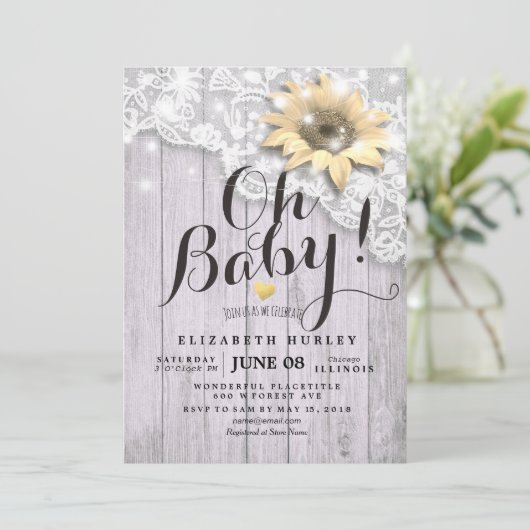 Baby shower Lace Sunflower Barn Wood String Lights Kaart (Staand voorkant)