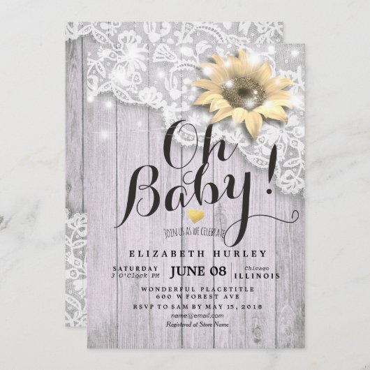 Baby shower Lace Sunflower Barn Wood String Lights Kaart (Voorkant / Achterkant)