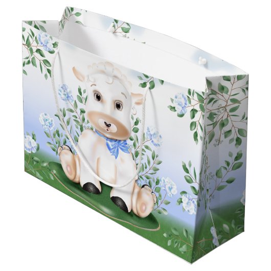Baby shower Lamb Blue Floral Boy Groot Cadeauzakje (Achterkant Gekanteld)