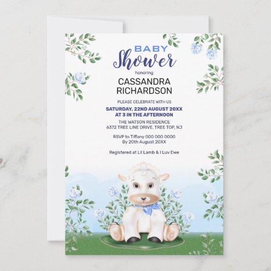 Baby shower Lamb Blue Floral Boy Kaart (Voorkant)