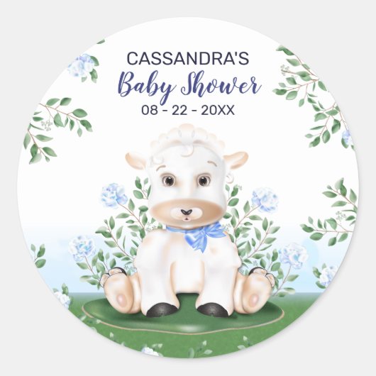 Baby shower Lamb Blue Floral Boy Ronde Sticker (Voorkant)