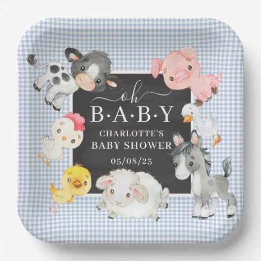 Baby shower landbouwhuisdieren papieren bordje (Voorkant)