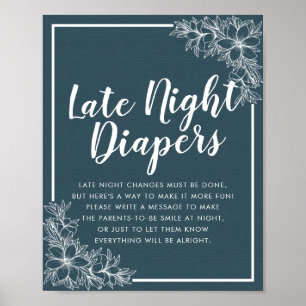 Baby shower late nacht diapers blauw witte bloemen poster