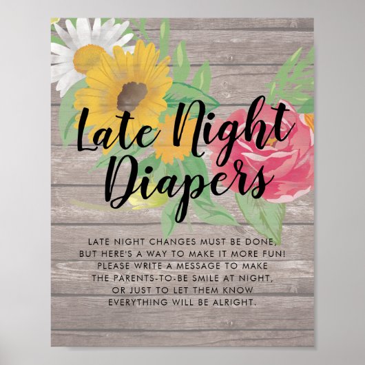 Baby shower Late Night Luiers Bloemen Rustiek Hout Poster (Voorkant)