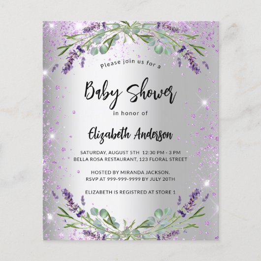 Baby shower lavender Silver Budget Uitnodiging (Voorkant)