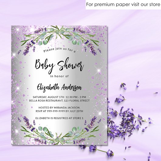 Baby shower lavender Silver Budget Uitnodiging Flyer