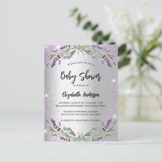 Baby shower lavender Silver Eucalyptus floral Uitnodiging Briefkaart (Staand voorkant)
