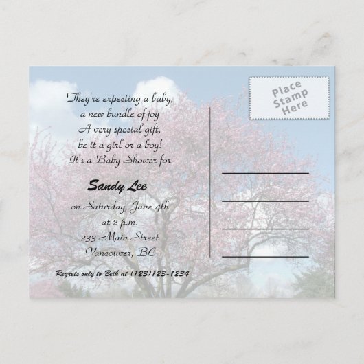 baby shower-, lentescherry-bloesem uitnodiging briefkaart (Achterkant)