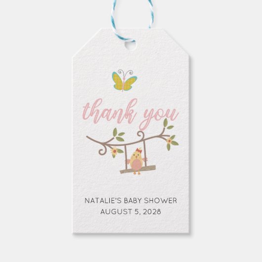 Baby shower lentevloeren roze vlinder cadeaulabel (Voorkant)