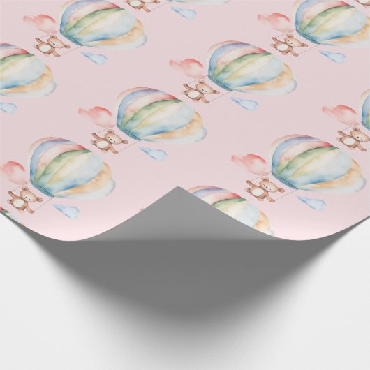 Baby shower, leuke teddybeer en heteluchtballon cadeaupapier (Hoek)