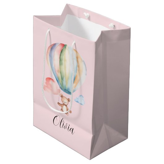 Baby shower, leuke teddybeer met heteluchtballon medium cadeauzakje (Voorkant Gekanteld)