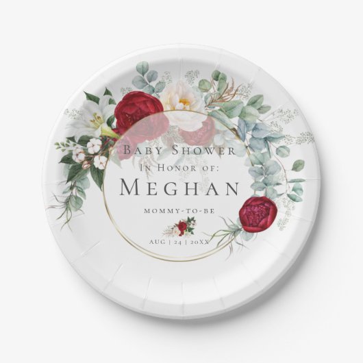 Baby Shower | Levendig rood pioenroos boeket Papieren Bordje (Voorkant)