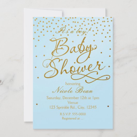 BABY SHOWER Lichtblauw & Gouden Confetti Uitnodigi Kaart (Voorkant)