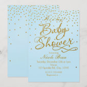 BABY SHOWER Lichtblauw & Gouden Confetti Uitnodigi Kaart (Voorkant / Achterkant)