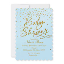 BABY SHOWER Lichtblauw & Gouden Confetti Uitnodigi