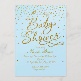 BABY SHOWER Lichtblauw & Gouden Confetti Uitnodigi Kaart