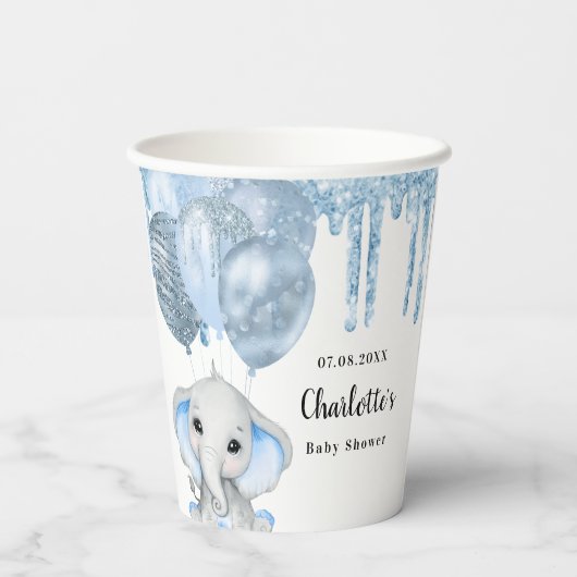 Baby shower lichtblauw jongetje glitter olifant pa papieren bekers (Achterkant)
